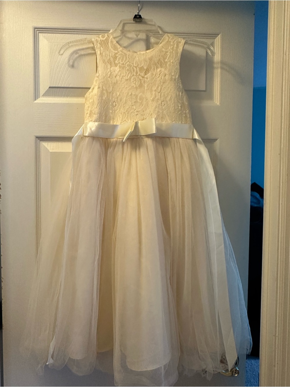 David's Bridal Ivory Lace & Tulle Flower Girl Dress with Satin Bow